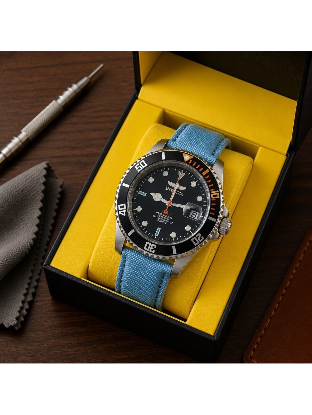 INVICTA PRO DIVER MENS 42mm WATCH W/GENUINE LEATHER STRAP-LIGHT BLUE $299